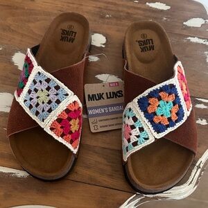 Muk Luks Brown Suede Slide Sandals with Multicolor Crochet Straps